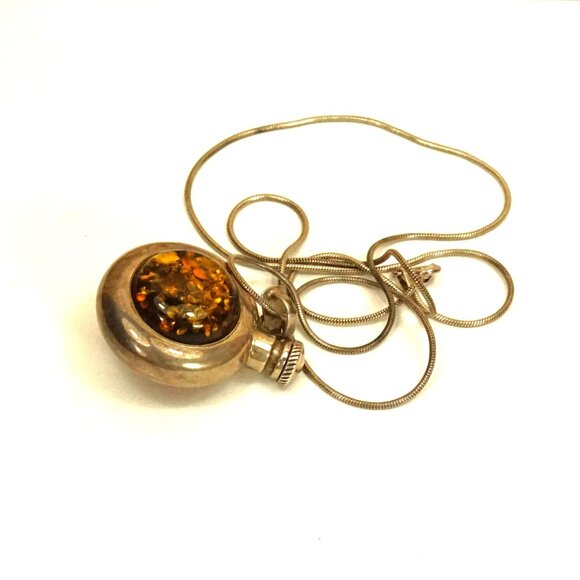 Rare PERFUME BOTTLE PENDANT With 23" Chain, Amber Set In 925 Silver, Rare Gift - Picture 4 of 11